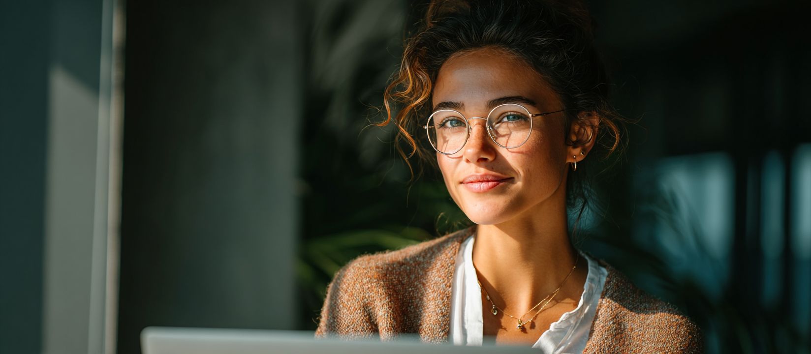 Stylish woman in glasses smiles while playing Aviator on her laptop, personifying confident online casino game 7Z777