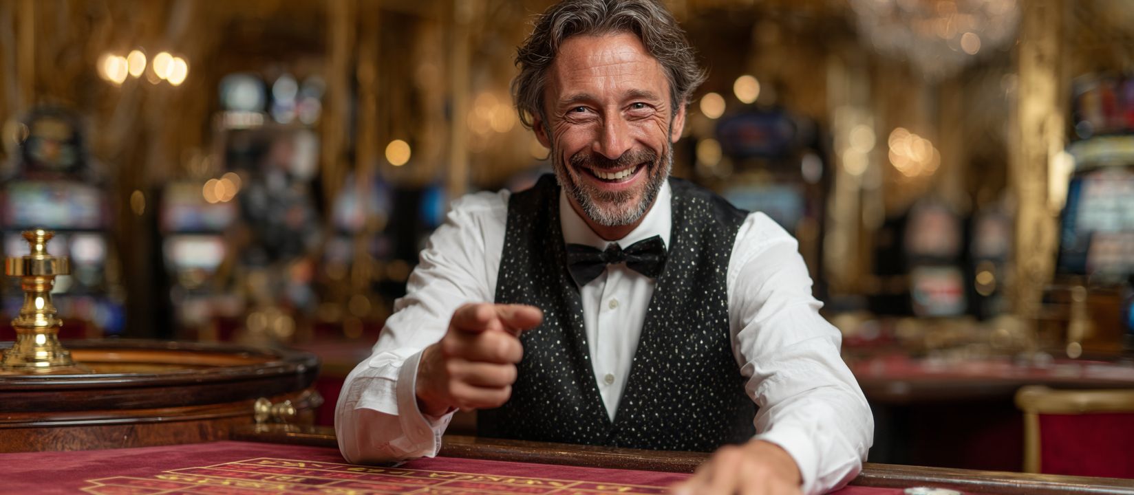 Friendly casino dealer smiling and pointing at the camera in a luxurious gaming hall at 7Z777 Casino