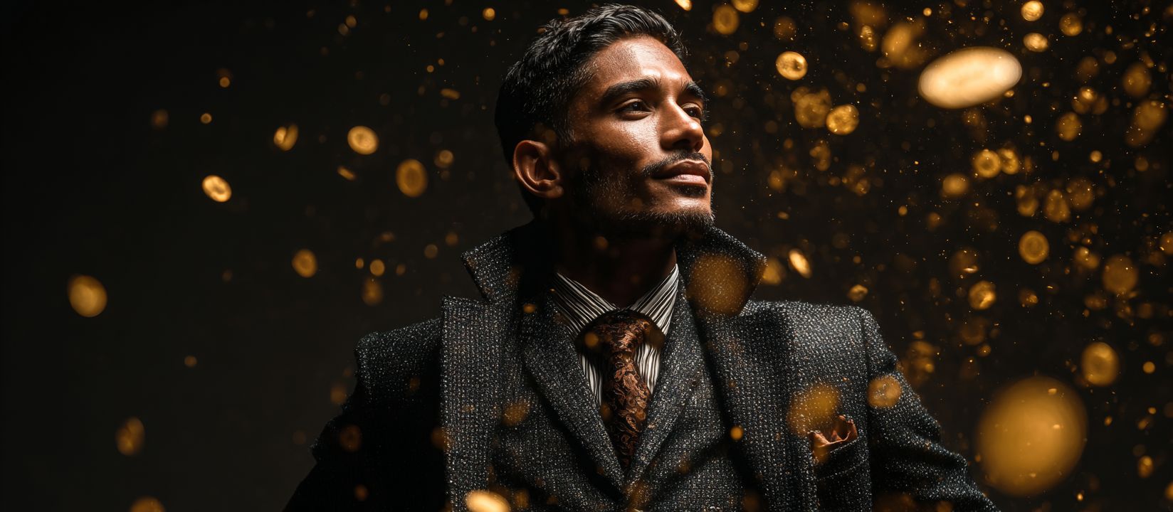 Confident man in a luxury suit surrounded by golden coins, symbolizing jackpot winnings at 7Z777 Casino