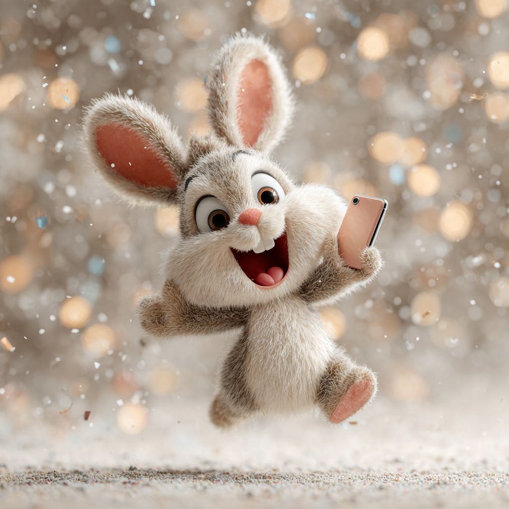 Cute 3D bunny mascot of 7Z777 Casino jumping with a smartphone, celebrating big wins in a festive scene
