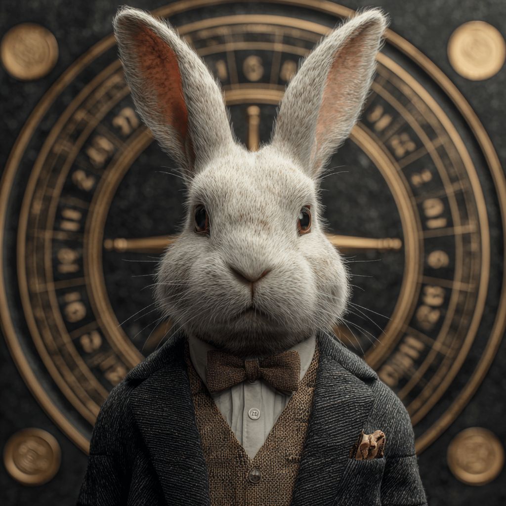 Elegant bunny mascot of 7Z777 Casino in a suit, standing in front of a golden roulette wheel for a luxury gaming vibe