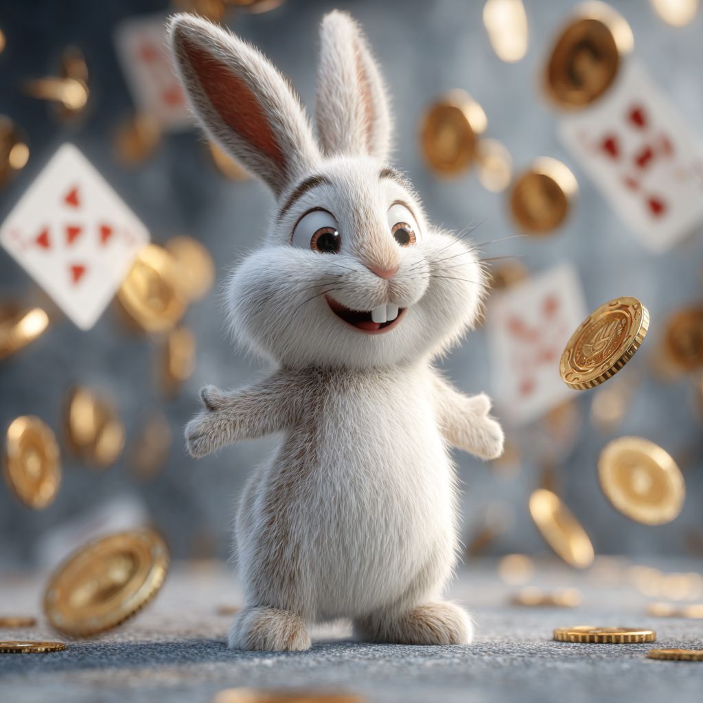 Happy bunny mascot of 7Z777 Casino surrounded by gold coins and playing cards, celebrating jackpot wins