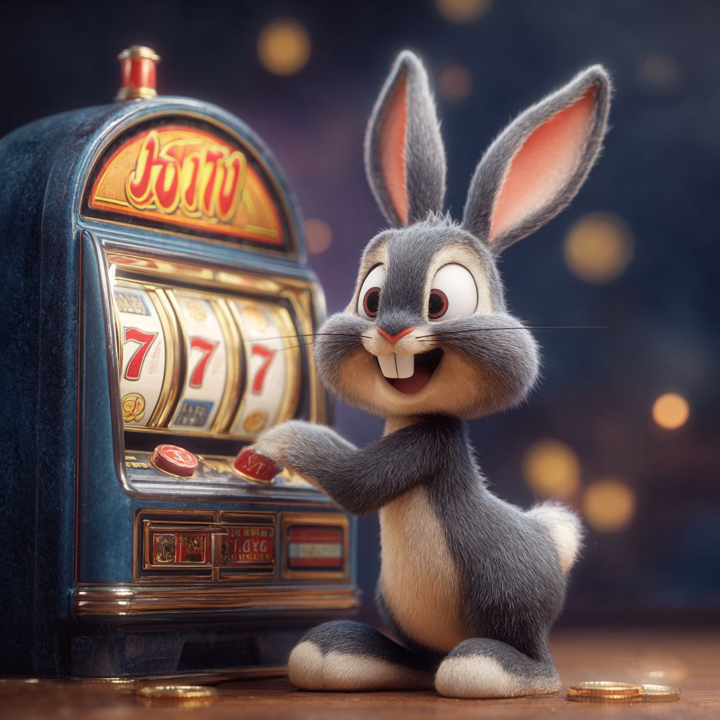 Excited bunny mascot of 7Z777 Casino playing a slot machine with triple sevens for massive payouts