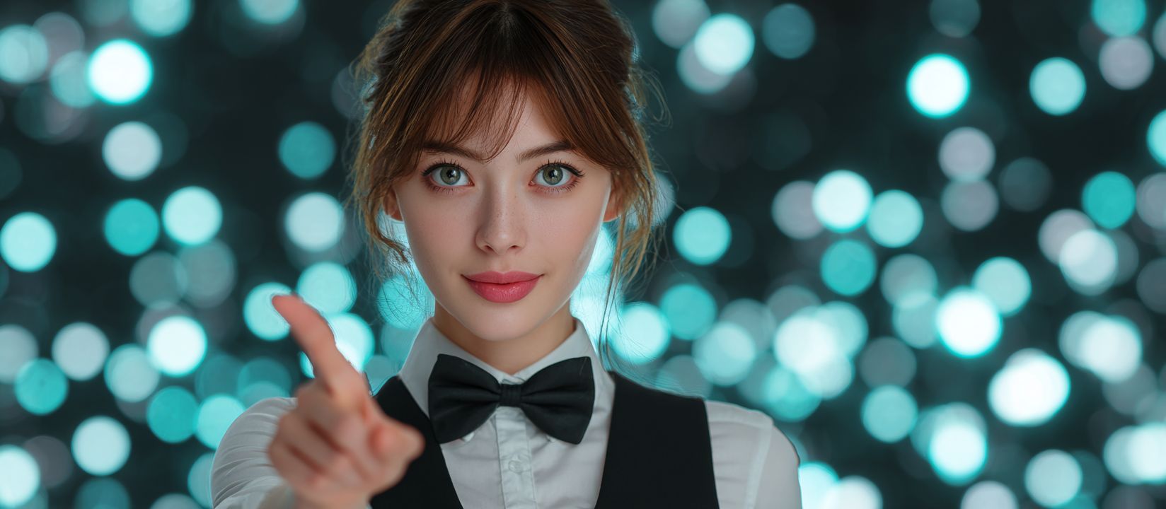 Login Now to 7Z777 Casino and Start Winning Female casino dealer in a bow tie pointing forward, inviting players to join 7Z777 Casino
