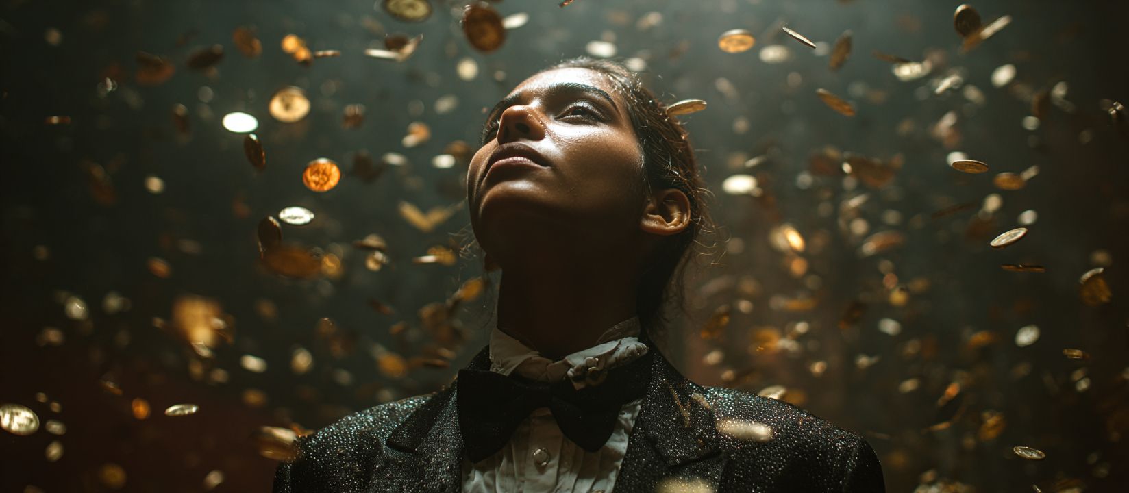Claim Your Big Wins Today at 7Z777 Casino Elegant woman in a black tuxedo surrounded by falling gold coins, symbolizing massive winnings at 7Z777 Casino