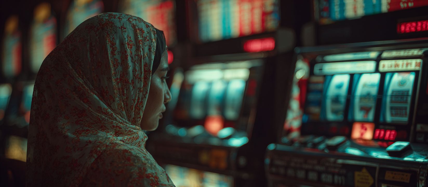 Woman in a floral hijab playing slot machines, representing diverse gaming at 7Z777 Casino